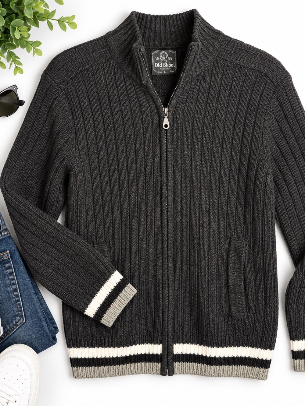 Old Skool Men’s Ribbed Full-Zip Sweater Jacket – Size Large